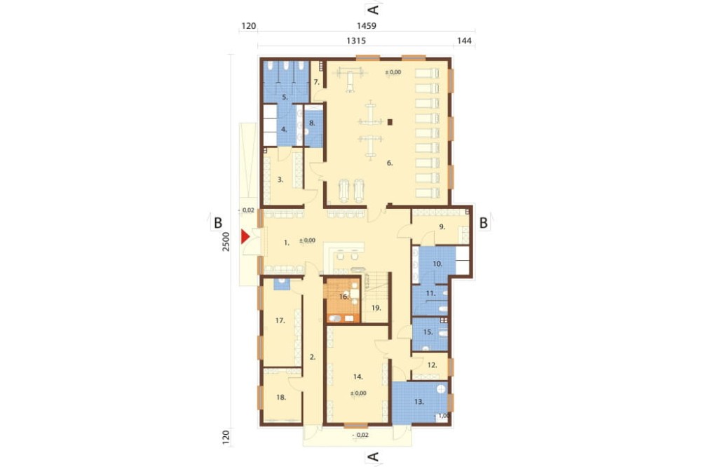Projekt centrum sportu LK-137, dwukondygnacyjny (parter i piętro), bez garażu i piwnicy - rzut parteru