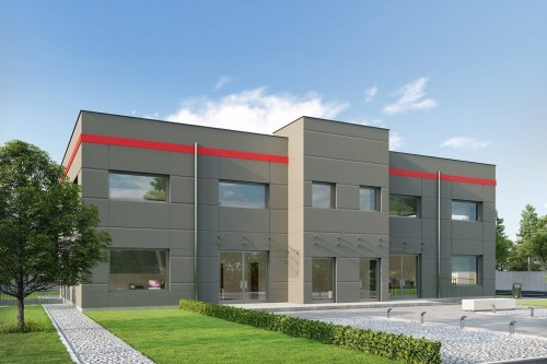 Projekt budynku usługowego  LK-131, z garażem wielostanowiskowym i dwiema kondygnacjami-kolorystyka wersja 1