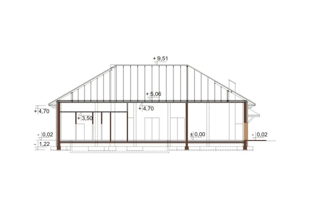Projekt basenu LK-88, parterowy, bez podpiwniczenia, bez garażu - przekrój B-B