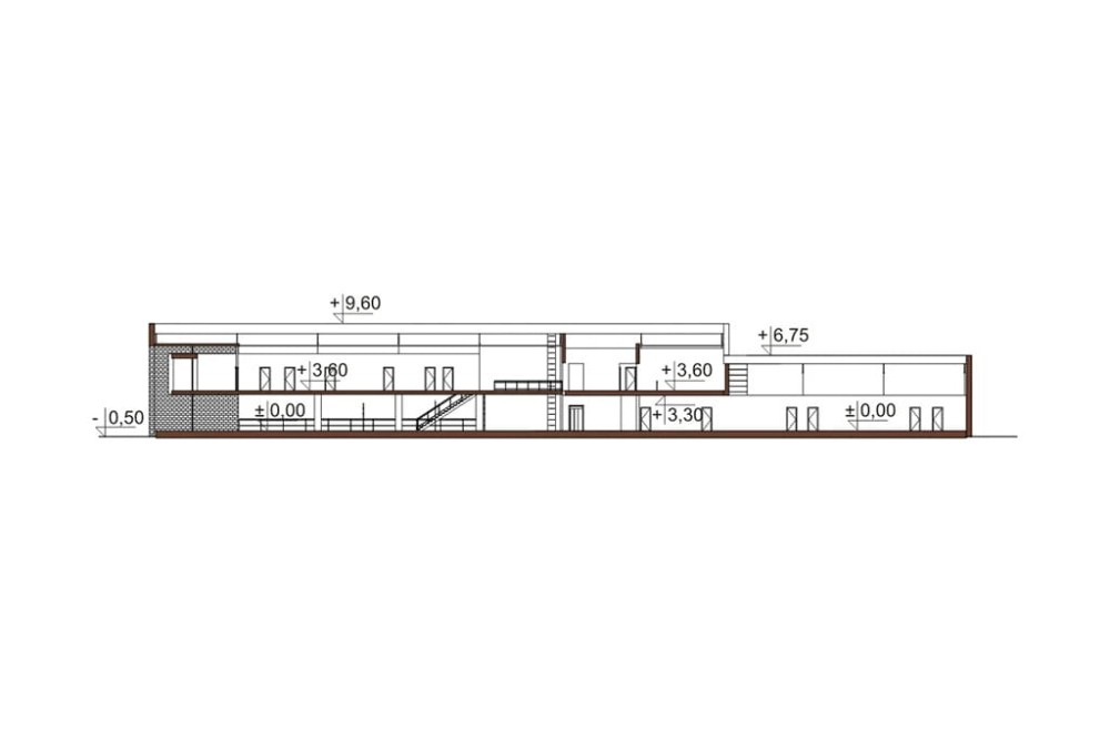 Projekt salonu samochodowego K-106, z antresolą, bez podpiwniczenia - przekrój A-A