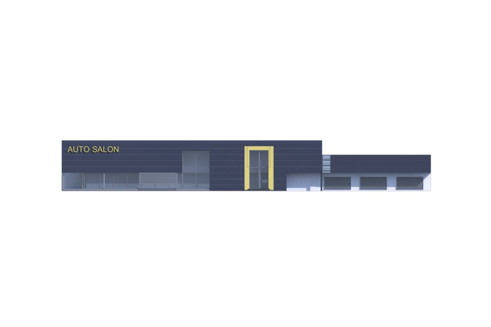 Projekt salonu samochodowego K-106, z antresolą, bez podpiwniczenia - elewacja frontowa