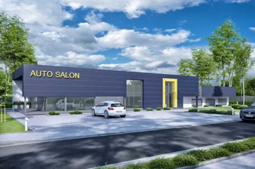 Projekt salonu samochodowego K-106, parterowy z antresolą, bez podpiwniczenia - wizualizacja elewacji