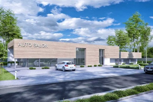 Projekt salonu samochodowego K-106, parterowy z antresolą, bez podpiwniczenia - wizualizacja elewacji