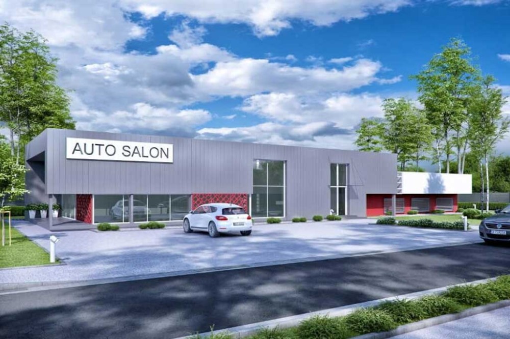 Projekt salonu samochodowego K-106, z antresolą, bez podpiwniczenia-kolorystyka wersja 4