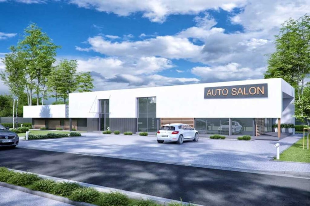 Projekt salonu samochodowego LK-106, z antresolą, bez podpiwniczenia-kolorystyka wersja 3