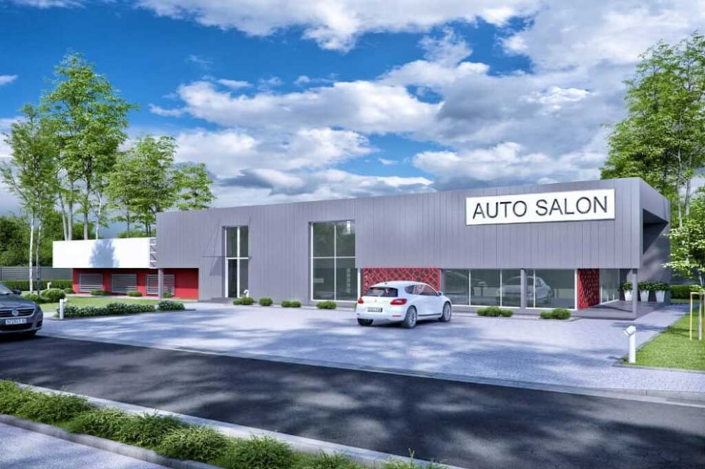 Projekt salonu samochodowego LK-106, z antresolą, bez podpiwniczenia-kolorystyka wersja 4