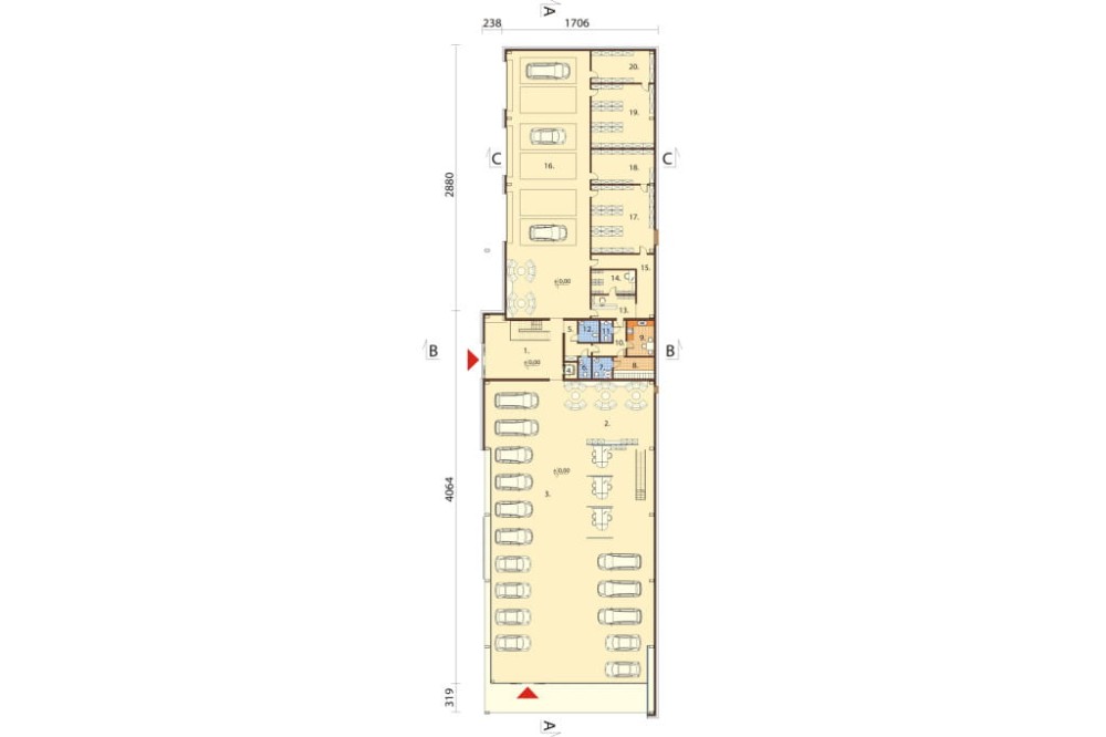 Projekt salonu samochodowego LK-106, z antresolą, bez podpiwniczenia - rzut parteru