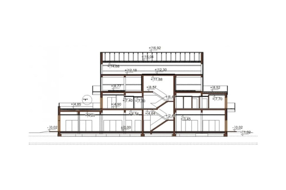 Projekt hotelu K-97, dwukondygnacyjny ze strychem nieużytkowym, niepodpiwniczony - przekrój B-B