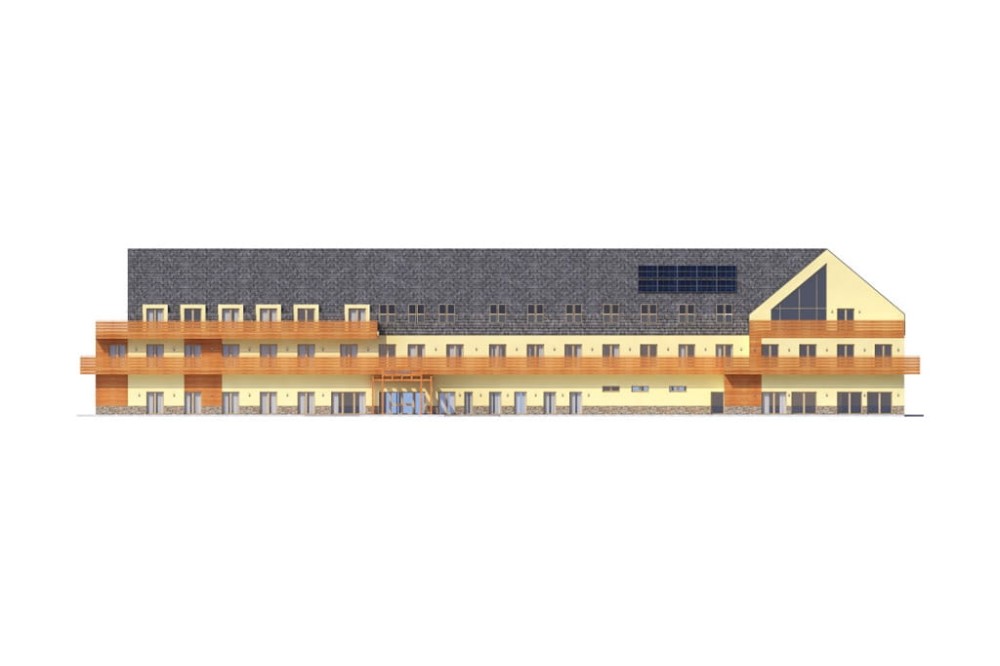 Projekt hotelu K-97, dwukondygnacyjny ze strychem nieużytkowym, niepodpiwniczony - elewacja frontowa