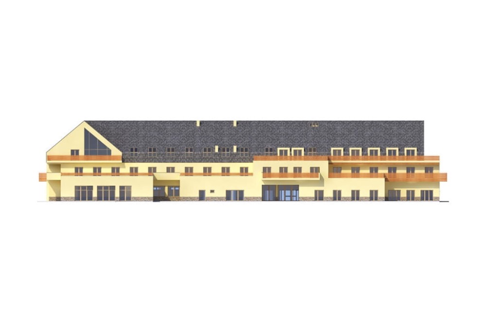 Projekt hotelu K-97, dwukondygnacyjny ze strychem nieużytkowym, niepodpiwniczony - elewacja ogrodowa