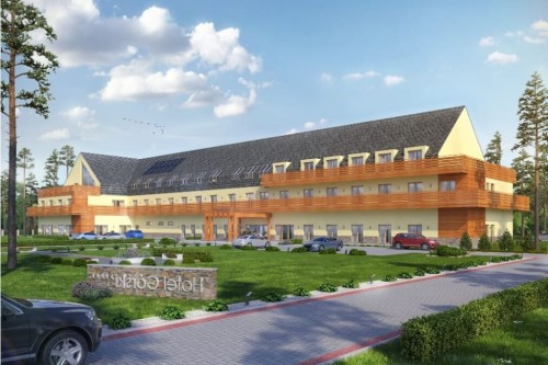 Projekt hotelu LK-97, dwukondygnacyjny ze strychem nieużytkowym, niepodpiwniczony - kolorystyka wersja 1