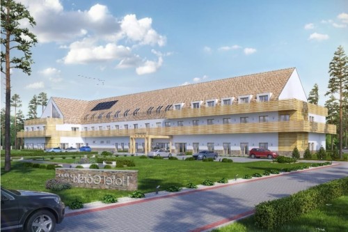 Projekt hotelu LK-97, dwukondygnacyjny ze strychem nieużytkowym, niepodpiwniczony - kolorystyka wersja 2