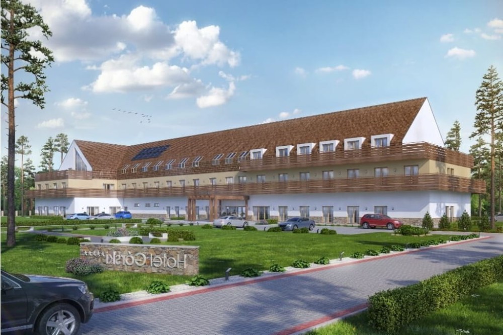 Projekt hotelu LK-97, dwukondygnacyjny ze strychem nieużytkowym, niepodpiwniczony - kolorystyka wersja 3
