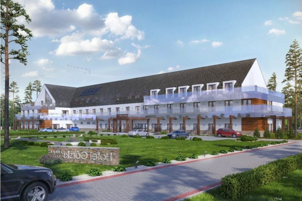 Projekt hotelu LK-97, dwukondygnacyjny ze strychem nieużytkowym, niepodpiwniczony - kolorystyka wersja 4