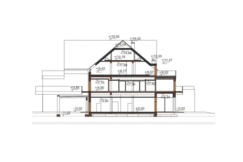 Projekt hotelu LK-97, dwukondygnacyjny ze strychem nieużytkowym, niepodpiwniczony - przekrój A-A