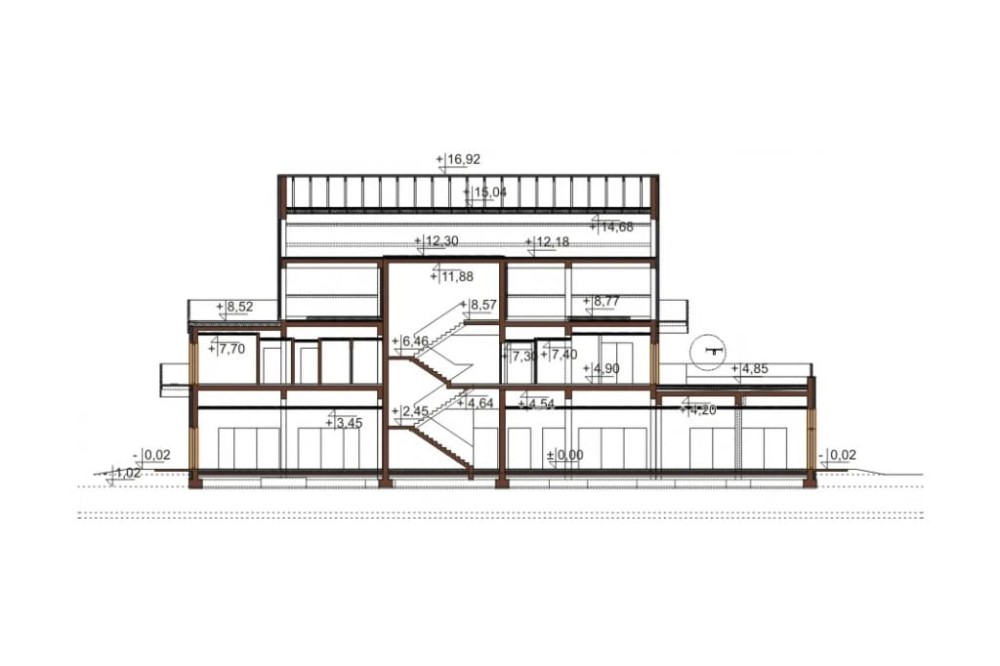 Projekt hotelu LK-97, dwukondygnacyjny ze strychem nieużytkowym, niepodpiwniczony - przekrój B-B