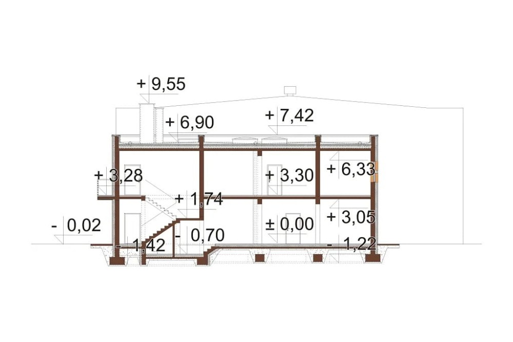 Projekt budynku K-89 B - przekrój A-A