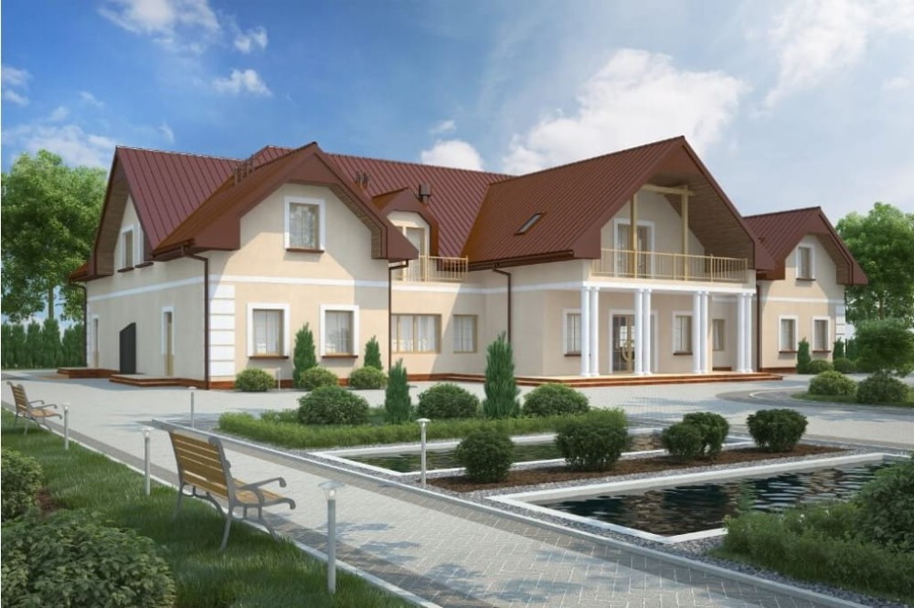 Projekt budynku gastronomicznego z zapleczem noclegowym LK-87, parterowy z poddaszem użytkowym, częściowo podpiwniczony - kolorystyka wersja 3