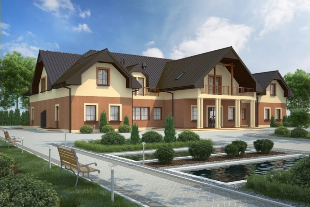 Projekt budynku gastronomicznego z zapleczem noclegowym LK-87, parterowy z poddaszem użytkowym, częściowo podpiwniczony - kolorystyka wersja 4