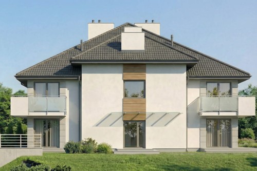 Projekt budynku usługowo - mieszkalnego K-165, piętrowy z garażem i podpiwniczeniem - wizualizacja elewacji frontowej