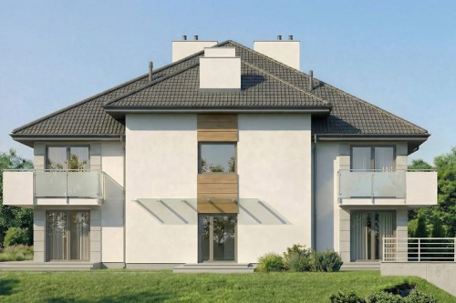 Projekt budynku usługowo - mieszkalnego LK-165, piętrowy z garażem i podpiwniczeniem - wizualizacja elewacji frontowej