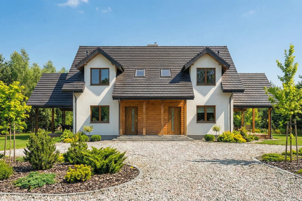 Projekt domu Hadia C DM-6684 C, parterowy z poddaszem użytkowym, w zabudowie bliźniaczej - wizualizacja elewacji frontowej