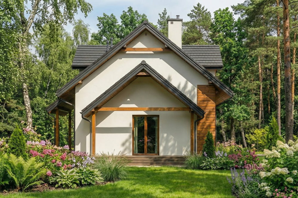 Projekt domu Hadia C DM-6684 C, parterowy z poddaszem użytkowym, w zabudowie bliźniaczej - wizualizacja elewacji prawej