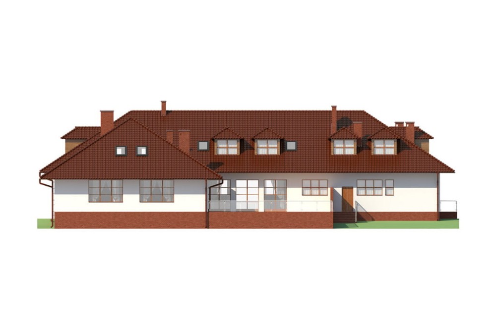 Projekt przedszkola K-45, parterowy z poddaszem użytkowym, bez podpiwniczenia - elewacja ogrodowa