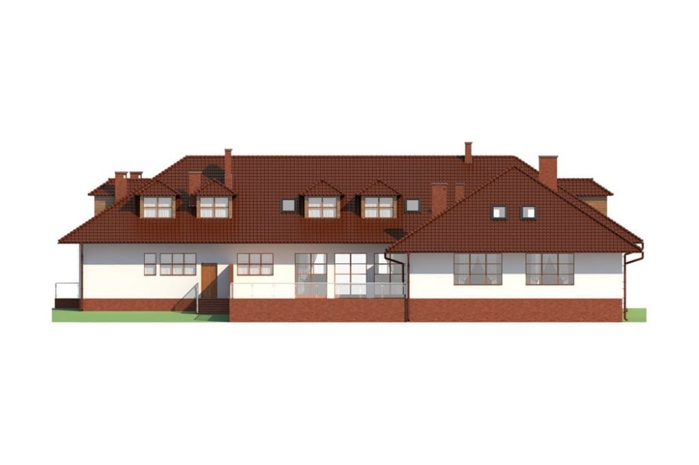 Projekt przedszkola LK-45, parterowy z poddaszem użytkowym, bez podpiwniczenia - elewacja ogrodowa