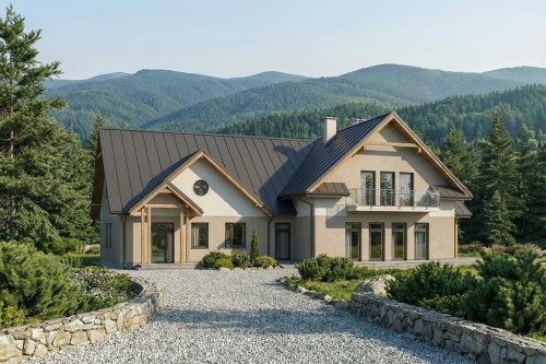 Projekt budynku gastronomiczno - motelowego DM-6830, parterowy z poddaszem użytkowym, bez podpiwniczenia i bez garażu - wizualizacja elewacji