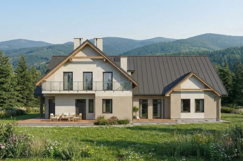 Projekt budynku gastronomiczno - motelowego DM-6830, parterowy z poddaszem użytkowym, bez podpiwniczenia i bez garażu - wizualizacja elewacji ogrodowej