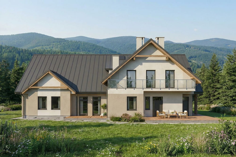 Projekt budynku gastronomiczno - motelowego L-6830, parterowy z poddaszem użytkowym, bez podpiwniczenia i bez garażu - wizualizacja elewacji