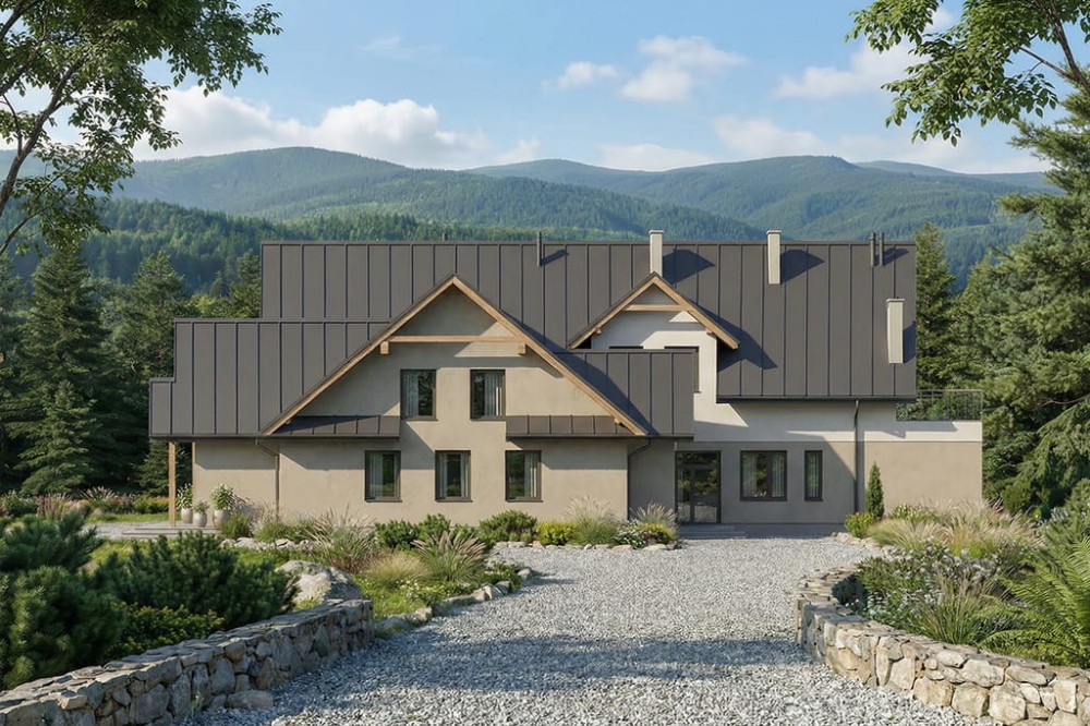 Projekt budynku gastronomiczno - motelowego L-6830, parterowy z poddaszem użytkowym, bez podpiwniczenia i bez garażu - wizualizacja elewacji