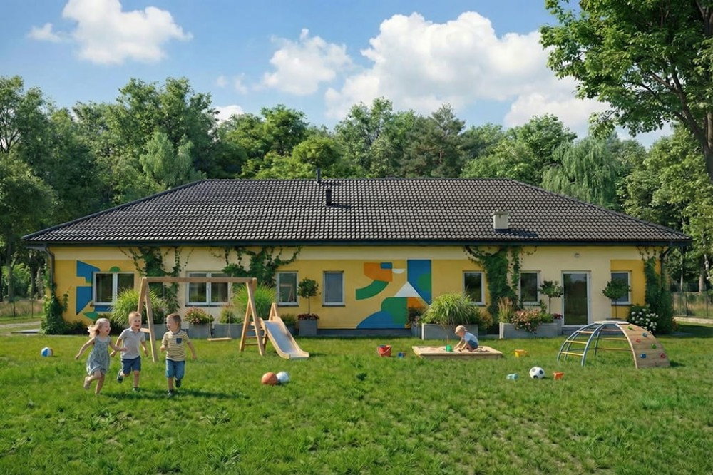 Projekt przedszkola K-149, parterowy, niepodpiwniczony i bez garażu-kolorystyka wersja 2