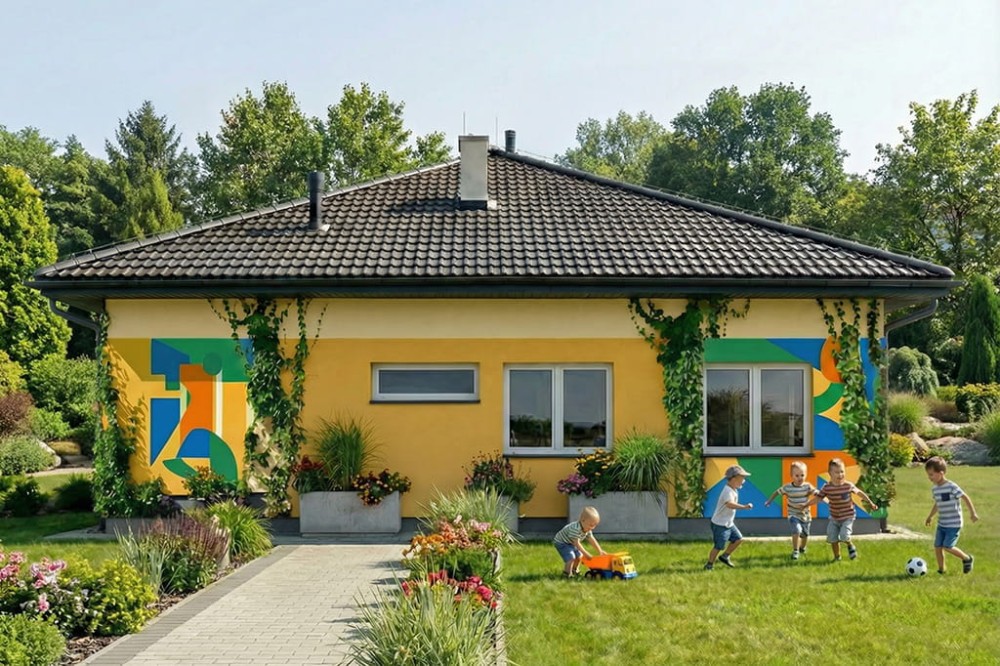Projekt przedszkola K-149, parterowy, niepodpiwniczony i bez garażu-kolorystyka wersja 4