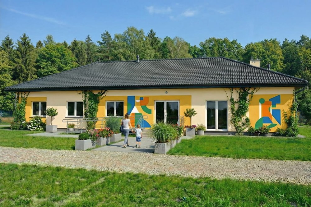 Projekt przedszkola LK-149, parterowy, niepodpiwniczony i bez garażu-kolorystyka wersja 1