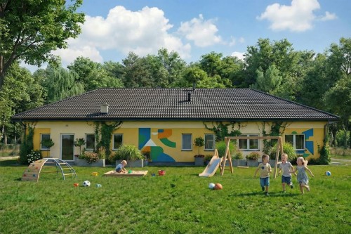 Projekt przedszkola LK-149, parterowy, niepodpiwniczony i bez garażu-kolorystyka wersja 2