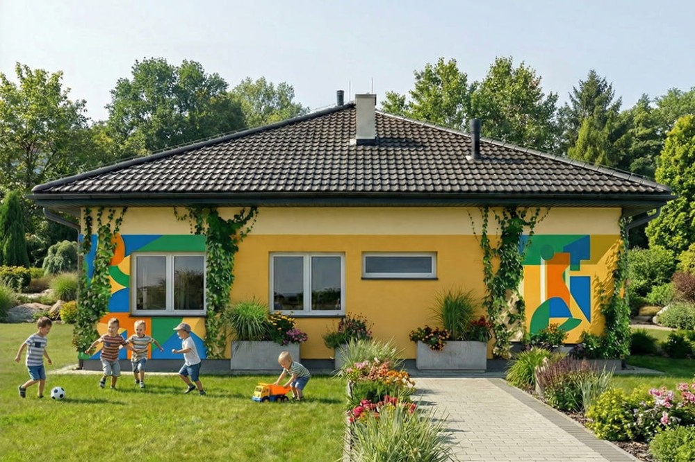 Projekt przedszkola LK-149, parterowy, niepodpiwniczony i bez garażu-kolorystyka wersja 4