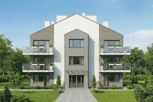 Projekt budynku wielorodzinnego DM-6892, piętrowy, podpiwniczony, bez garażu - wizualizacja elewacji frontowej