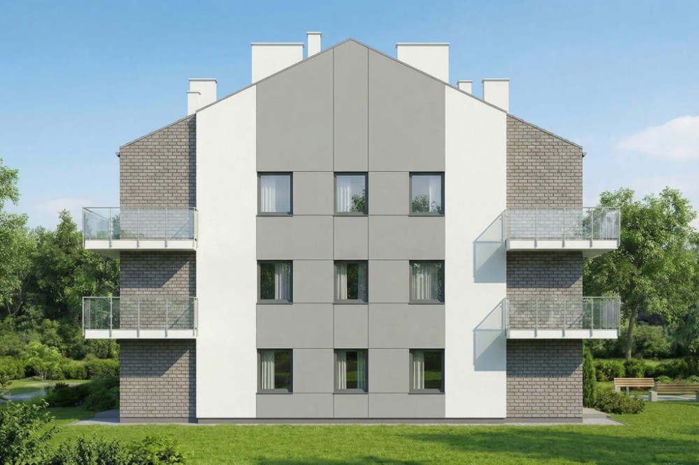 Projekt budynku wielorodzinnego DM-6892, piętrowy, podpiwniczony, bez garażu - wizualizacja elewacji ogrodowej