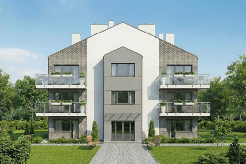 Projekt budynku wielorodzinnego L-6892, piętrowy, podpiwniczony, bez garażu - wizualizacja elewacji frontowej