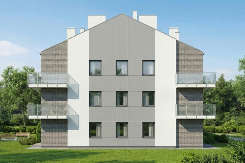 Projekt budynku wielorodzinnego L-6892, piętrowy, podpiwniczony, bez garażu - wizualizacja elewacji  ogrodowej