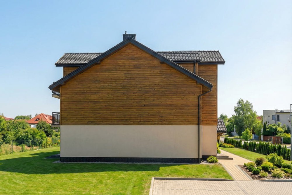 Projekt budynku mieszkalnego w zabudowie szeregowej DM-6502 B, piętrowy, z poddaszem do adaptacji, bez podpiwniczenia - wizualizacja elewacji lewej