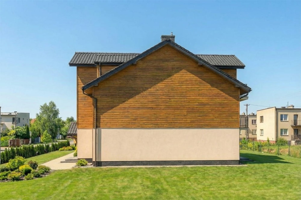 Projekt budynku mieszkalnego w zabudowie szeregowej DM-6502 B, piętrowy, z poddaszem do adaptacji, bez podpiwniczenia - wizualizacja elewacji prawej