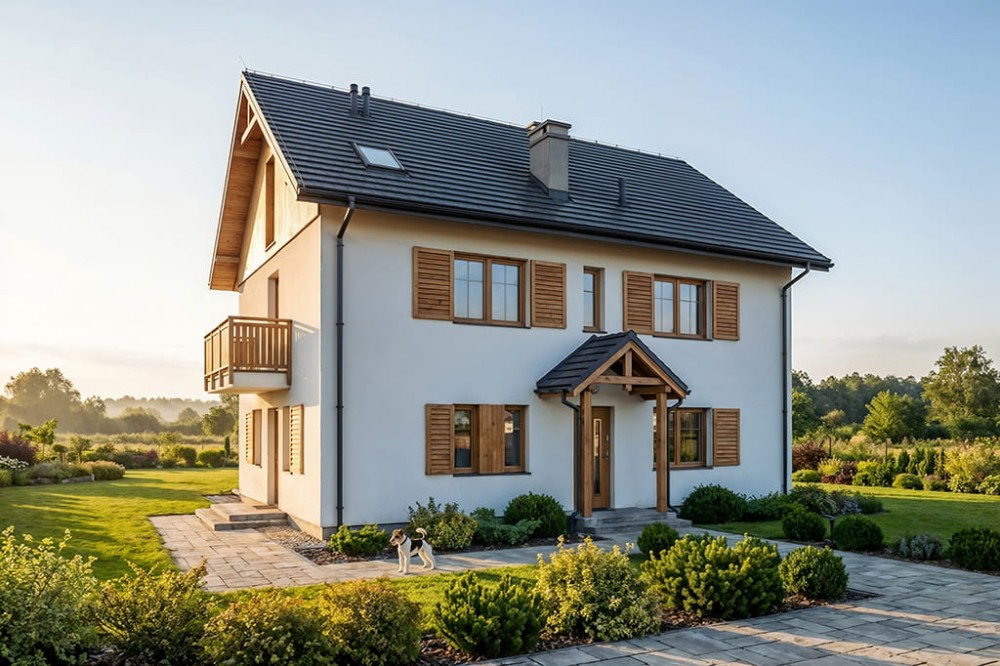 Projekt domu Ecoru tech. DM-6897 tech., jednorodzinny, dwulokalowy piętrowy z nieużytkowym poddaszem, bez podpiwniczenia i garażu - wizualizacja elewacji lewej