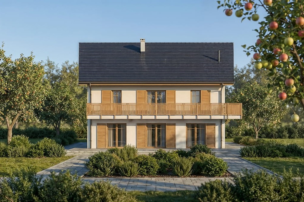 Projekt domu Ecoru tech. DM-6897 tech., dwulokalowy piętrowy z nieużytkowym poddaszem, bez podpiwniczenia, bez garażu - wizualizacja elewacji ogrodowej