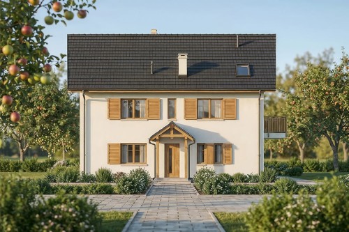 Projekt domu Ecoru 2 L-6897, jednorodzinny, dwulokalowy piętrowy z nieużytkowym poddaszem, bez podpiwniczenia i garażu- wizualizacja elewacji frontowej ujęcie 2