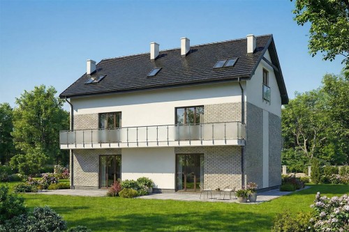 Projekt domu Zamea DM-6896, dwulokalowy, piętrowy z poddaszem użytkowym, niepodpiwniczony , bez garażu - wizualizacja elewacji ogrodowej