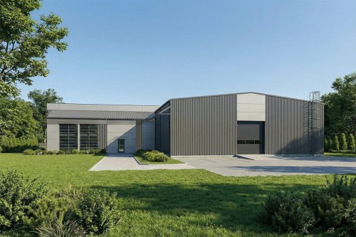 Projekt budynku biurowo - produkcyjnego K-154, niepodpiwniczony, składa się z dwóch części dwukondygnacyjnego budynku biurowego i jednokondygnacyjnej hali produkcyjnej - wizualizacja elewacji