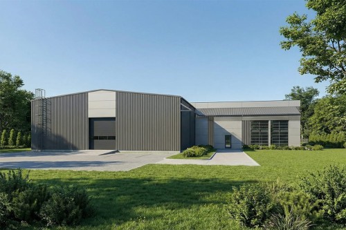 Projekt budynku biurowo - produkcyjnego LK-154, niepodpiwniczony i składa się z dwóch części: dwukondygnacyjnego budynku biurowego i jednokondygnacyjnej hali produkcyjnej  - wizualizacja elewacji ogrodowej